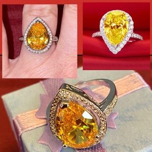 Bold Yellow Pear Cut Halo Cocktail/Statement Ring Sterling Silver Szs 6 & 8 NWT